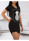 Kadın Ananas Baskılı Kısa Kol Viskon Elbise