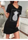 Kadın Ananas Baskılı Kısa Kol Viskon Elbise