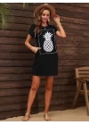 Kadın Ananas Baskılı Kısa Kol Viskon Elbise