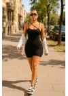 Kadın Asimetrik Askılı Mini Kaşkorse Bodycon Tulum