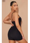 Kadın Asimetrik Askılı Mini Kaşkorse Bodycon Tulum