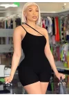 Kadın Asimetrik Askılı Mini Kaşkorse Bodycon Tulum