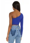 MetuCa Kadın Saks Mavisi Tek Omuz Asimetrik Yaka Uzun Kollu Jarse Kumaş Crop Bluz