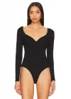 Kadın Siyah Çift Katlı Sandy Kumaş Kalp Yaka Uzun Kol Çıtçıtlı Tanga Bodysuit