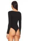 Kadın Siyah Çift Katlı Sandy Kumaş Kalp Yaka Uzun Kol Çıtçıtlı Tanga Bodysuit