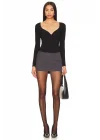 Kadın Siyah Çift Katlı Sandy Kumaş Kalp Yaka Uzun Kol Çıtçıtlı Tanga Bodysuit