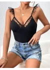 Kadın Askılar Tül Işlemeli Kalp Yaka Tül Detay Dalgıç Bluz
