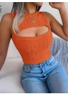 Kadın Askılı Bisiklet Yaka Güpüs Dekolteli Triko Crop Bluz
