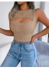 Kadın Askılı Bisiklet Yaka Güpüs Dekolteli Triko Crop Bluz