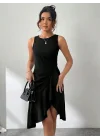 Kadın Askılı Bisiklet Yaka önden Fırfırlı Kısa Ithal Krep Elbise