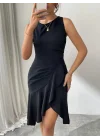 Kadın Askılı Bisiklet Yaka önden Fırfırlı Kısa Ithal Krep Elbise