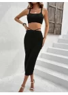 Kadın Askılı Crop Ve Bel Detaylı Derin Yırtmaçlı Etek Ikili Takım