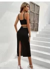 Kadın Askılı Crop Ve Bel Detaylı Derin Yırtmaçlı Etek Ikili Takım