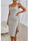 Kadın Askılı Kare Yaka Yandan Yırtmaçlı Midi Kaşkorse Elbise