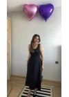 Kadın Askılı Kare Yaka Yırtmaçlı Midi Janjan Krep Elbise