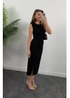 Kadın Askılı Kolsuz Belden Büzgülü Yırtmaçlı Midi Janjan Krep Elbise