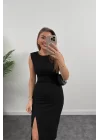 Kadın Askılı Kolsuz Belden Büzgülü Yırtmaçlı Midi Janjan Krep Elbise