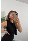 Kadın Askılı Kolsuz Belden Büzgülü Yırtmaçlı Midi Janjan Krep Elbise