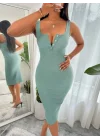 Kadın Askılı önü Düğmeli Midi Kaşkorse Elbise
