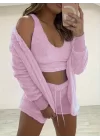 Kadın Askılı Peluş Bluz,şort Ve Ceket üçlü Takım