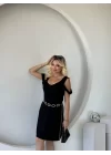 Kadın Askılı Soğuk Omuz Detaylı Modal Elbise
