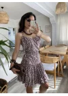 Kadın Askılı V Yaka Beli Pileli Leopar Desen Eteği Fırfırlı Süprem Elbise