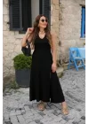 Kadın Askılı V Yakalı Yırtmaçlı Viskon Elbise