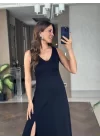 Kadın Askılı V Yakalı Yırtmaçlı Viskon Elbise