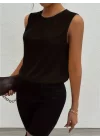 Kadın Askılı Yuvarlak Büzgü Yaka Sandy Bluz