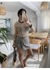 Kadın Askılı Yuvarlak Yaka Geometrik Desenli Triko Bluz