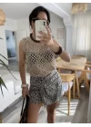 Kadın Askılı Yuvarlak Yaka Geometrik Desenli Triko Bluz