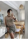 Kadın Askılı Yuvarlak Yaka Geometrik Desenli Triko Bluz