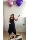 Kadın Askılı Yuvarlak Yaka Kuş Gözü Detaylı Asimetrik Viskon Elbise