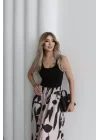 Kadın Askılı Yuvarlak Yaka üst Viskon Alt Desenli Uzun Süprem Elbise