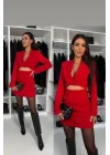 Kadın Atlas Kumaş Uzun Kollu V Yaka Blazer Kesim Göbek Dekolteli Mini Ceket Elbise