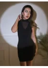Kadın Balıkçı Yaka Tül Detay Kolsuz Mini Elbise