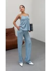 Kadın Bebe Mavisi Dokulu Askılı Üst Ve Bol Paça Pantolon 2’li Takım