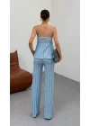 Kadın Bebe Mavisi Dokulu Askılı Üst Ve Bol Paça Pantolon 2’li Takım