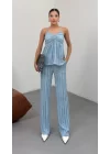 Kadın Bebe Mavisi Dokulu Askılı Üst Ve Bol Paça Pantolon 2’li Takım