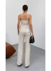 Kadın Bej Dokulu Askılı Üst Ve Bol Paça Pantolon 2’li Takım