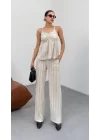 Kadın Bej Dokulu Askılı Üst Ve Bol Paça Pantolon 2’li Takım