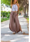 Kadın Bej Keten Yırtmaçlı Kruvaze Bohem Pinterest Geniş Paça Etek Pantolon