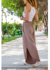 Kadın Bej Keten Yırtmaçlı Kruvaze Bohem Pinterest Geniş Paça Etek Pantolon