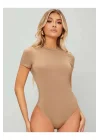 Kadın Bej Kısa Kol Ipek Jarse Bodysuit