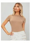 Kadın Bej Kısa Kol Ipek Jarse Bodysuit