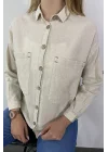 Kadın Bej Pamuklu Keten Çift Cepli Ahşap Düğme Pinterest Oversize Gömlek