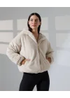 Kadın Bej Peluş Kapüşonlu Fermuarlı Astarlı Oversize Bomber Mont