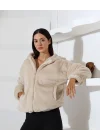 Kadın Bej Peluş Kapüşonlu Fermuarlı Astarlı Oversize Bomber Mont
