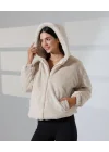 Kadın Bej Peluş Kapüşonlu Fermuarlı Astarlı Oversize Bomber Mont