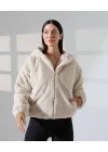 Kadın Bej Peluş Kapüşonlu Fermuarlı Astarlı Oversize Bomber Mont